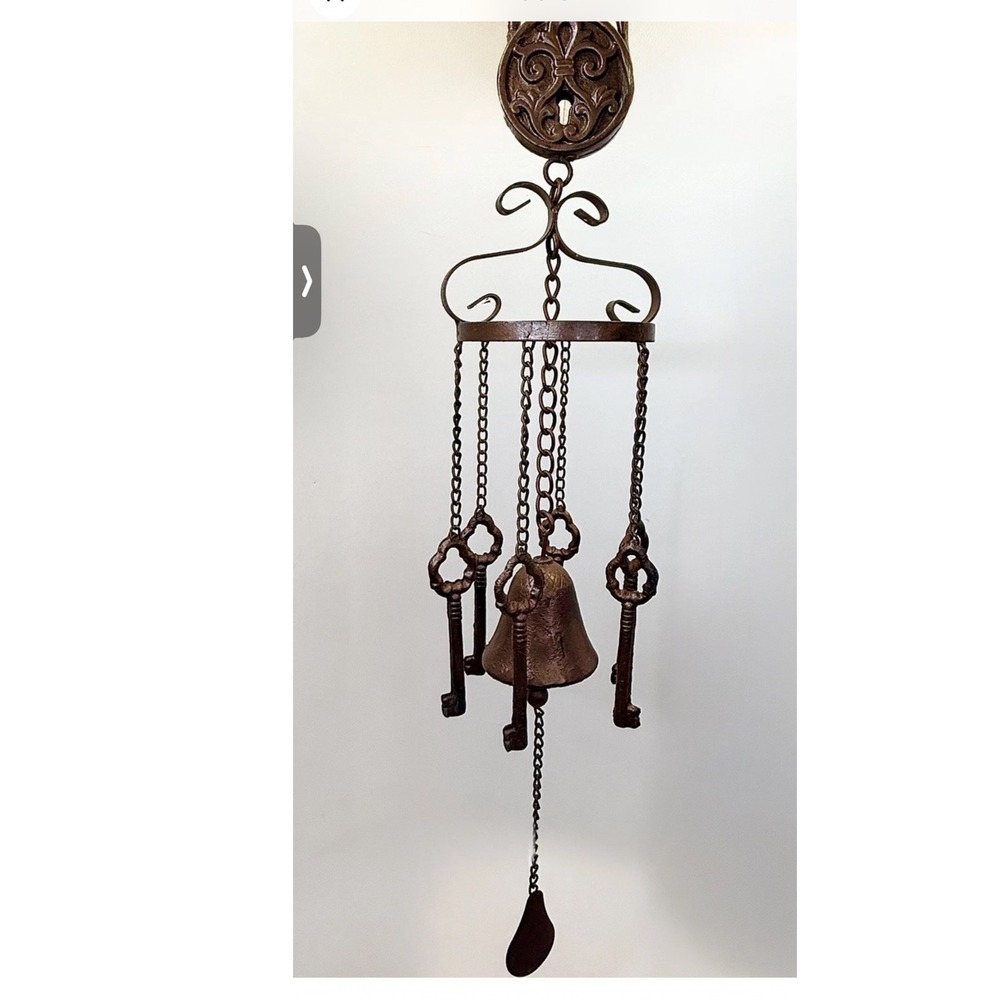VTG Cast Iron Rustic Copper-Colored Lock & Keys w/Bell Wind Chime Goth Decor 31"